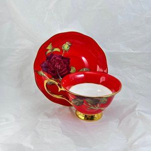 Stechcol Gracie Bone Rose Red & Gold China Teacup & Saucer